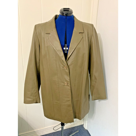 VIA Jackets & Blazers - Via Accenti Women's Leather Jacket Army Green 18W Single Breasted 2 Button